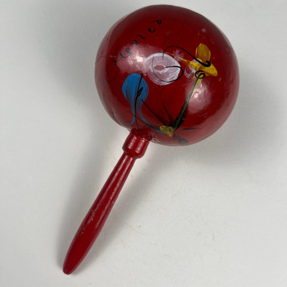 VTG Wooden Maraca Shaker Red Hand Painted Mexico Folk Art Percussion Latin Dance